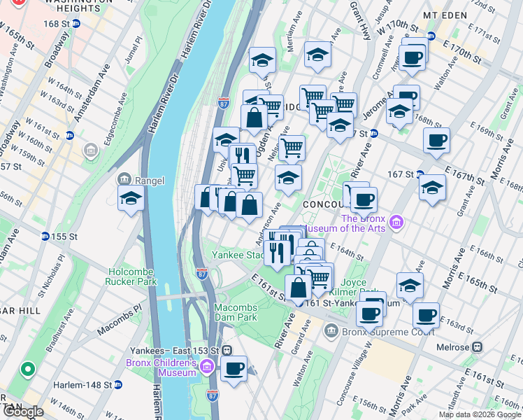 map of restaurants, bars, coffee shops, grocery stores, and more near 984 Woodycrest Avenue in The Bronx