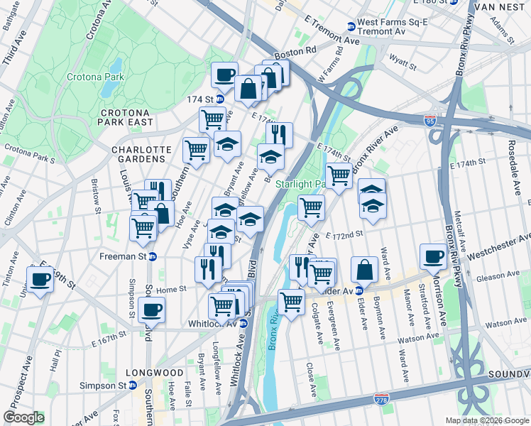 map of restaurants, bars, coffee shops, grocery stores, and more near West Farms Road in The Bronx