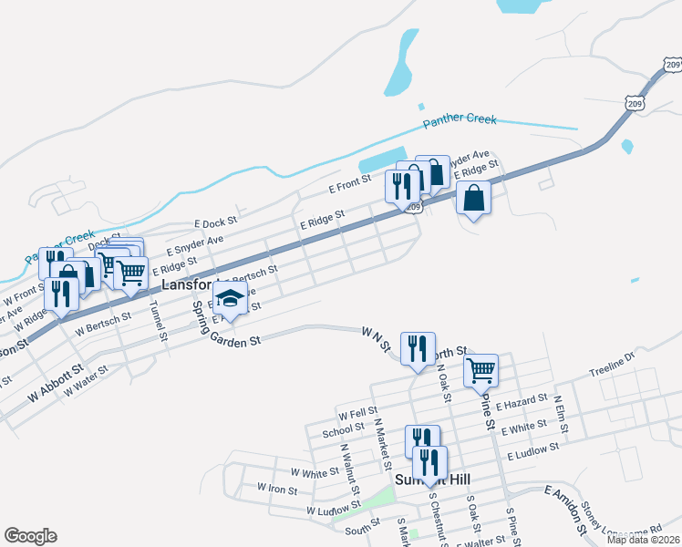 map of restaurants, bars, coffee shops, grocery stores, and more near 33 Powell Street in Lansford