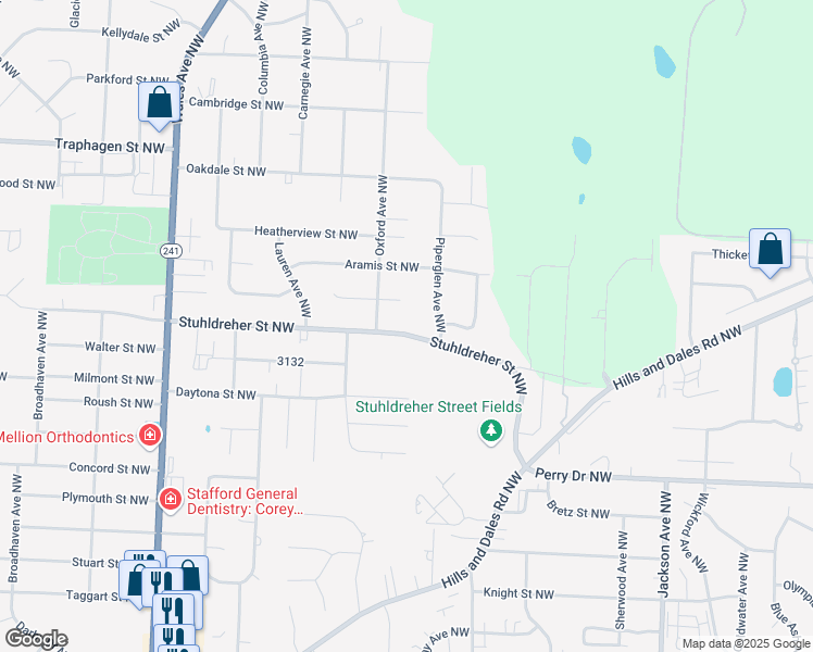 map of restaurants, bars, coffee shops, grocery stores, and more near 7615 Stuhldreher Street Northwest in Massillon