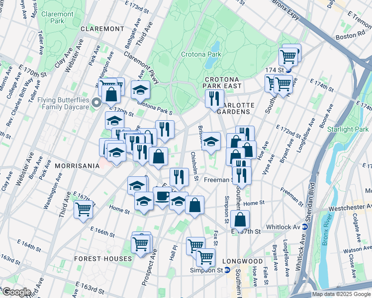 map of restaurants, bars, coffee shops, grocery stores, and more near in The Bronx
