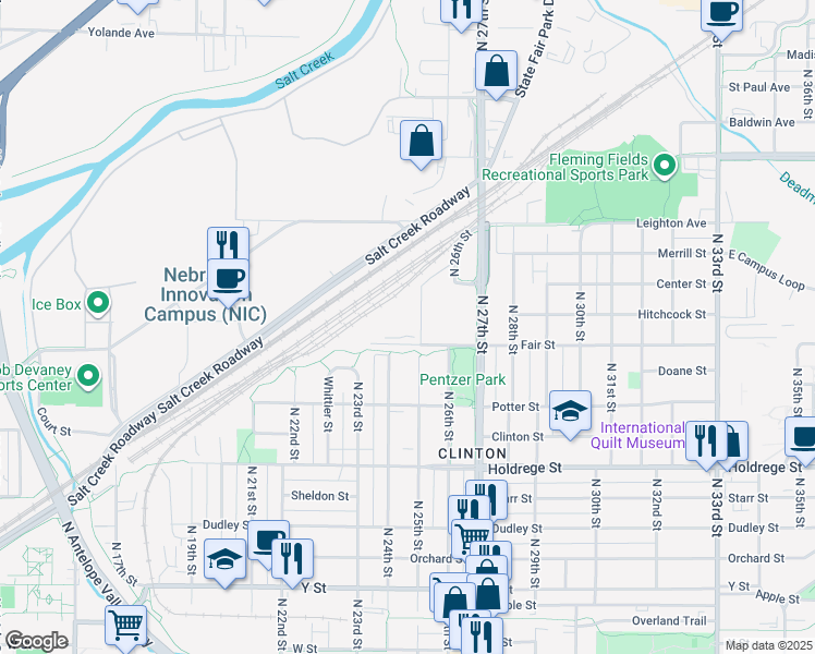map of restaurants, bars, coffee shops, grocery stores, and more near 1826 North 24th Street in Lincoln