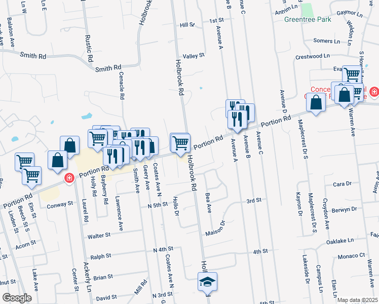 map of restaurants, bars, coffee shops, grocery stores, and more near 236 Holbrook Road South in Holbrook