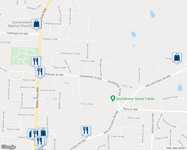 map of restaurants, bars, coffee shops, grocery stores, and more near 7613 Stuhldreher Street Northwest in Massillon