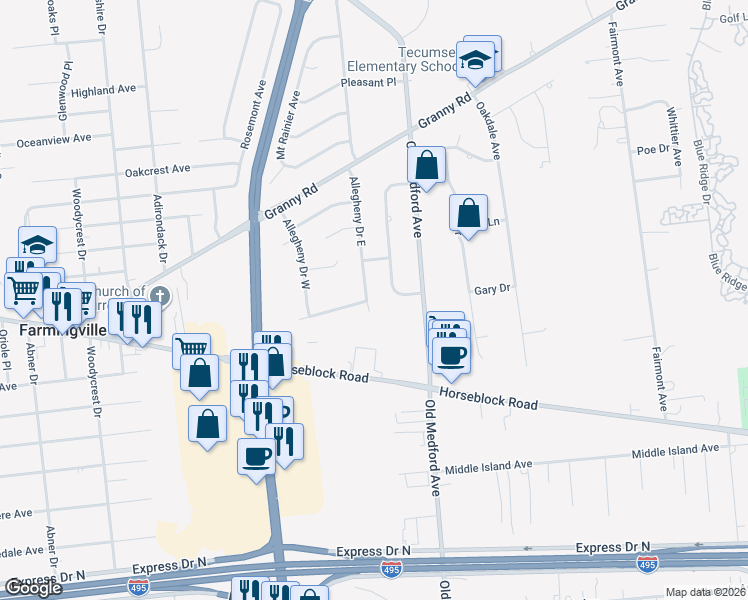 map of restaurants, bars, coffee shops, grocery stores, and more near 986 Old Medford Avenue in Farmingville