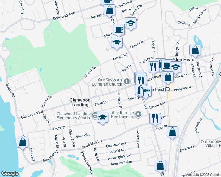 map of restaurants, bars, coffee shops, grocery stores, and more near 49 Glenwood Road in Glen Head