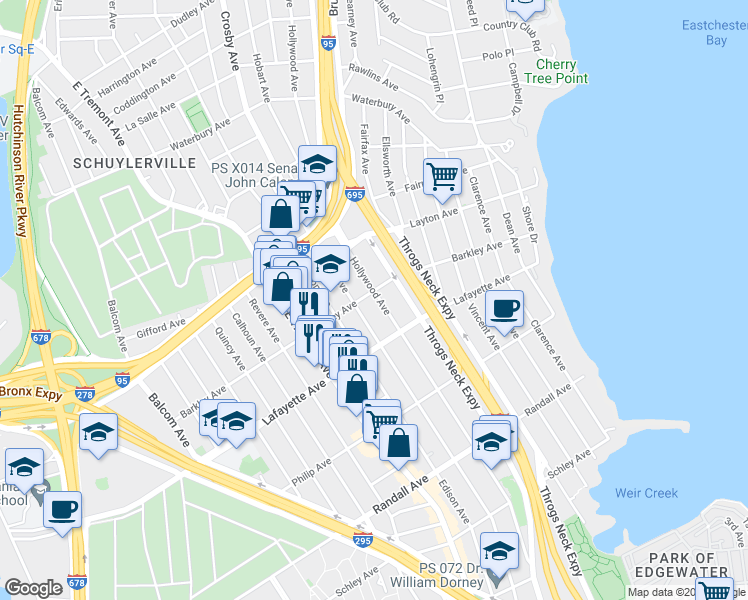 map of restaurants, bars, coffee shops, grocery stores, and more near 927 Logan Avenue in The Bronx