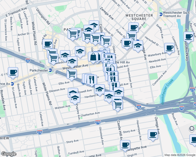map of restaurants, bars, coffee shops, grocery stores, and more near 2138 Gleason Avenue in Bronx