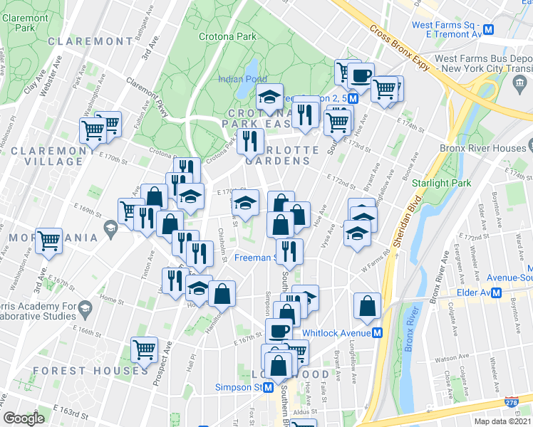 map of restaurants, bars, coffee shops, grocery stores, and more near 1355 Intervale Avenue in The Bronx