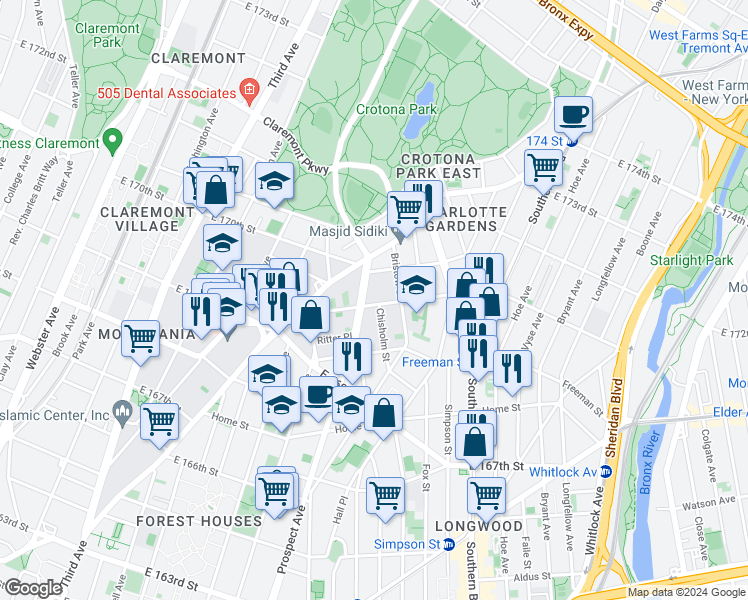 map of restaurants, bars, coffee shops, grocery stores, and more near in The Bronx