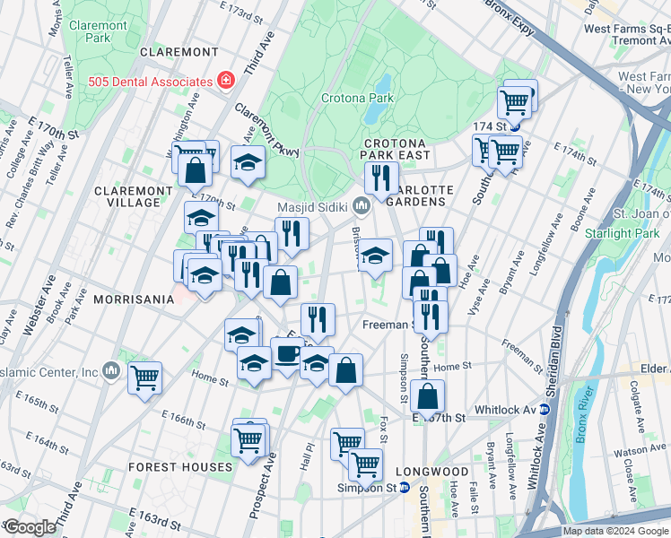 map of restaurants, bars, coffee shops, grocery stores, and more near 1333 Chisholm Street in Bronx