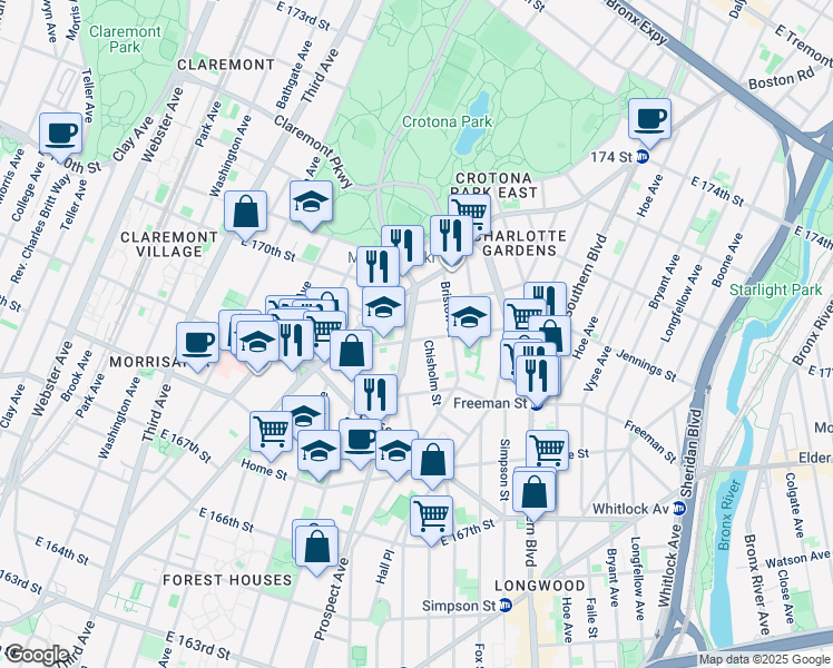 map of restaurants, bars, coffee shops, grocery stores, and more near in The Bronx