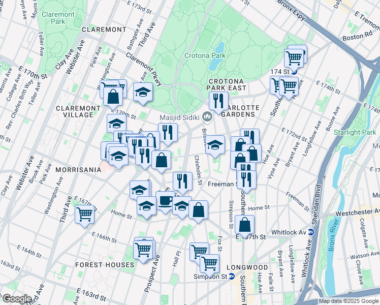 map of restaurants, bars, coffee shops, grocery stores, and more near in The Bronx
