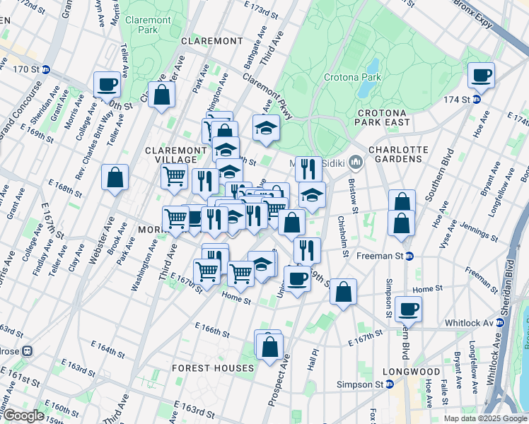 map of restaurants, bars, coffee shops, grocery stores, and more near in The Bronx