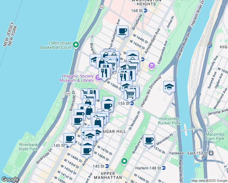map of restaurants, bars, coffee shops, grocery stores, and more near 505 West 155th Street in New York