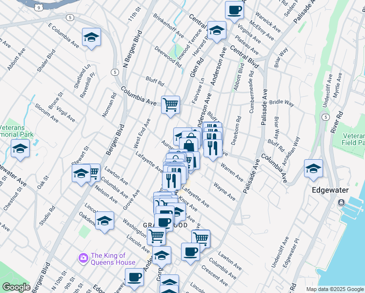 map of restaurants, bars, coffee shops, grocery stores, and more near 364 Aurora Avenue in Cliffside Park