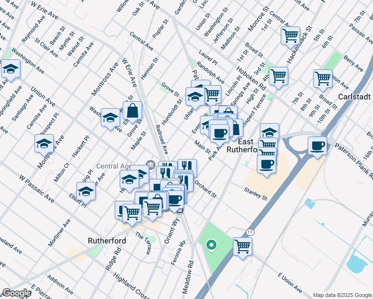 map of restaurants, bars, coffee shops, grocery stores, and more near 191 Boiling Springs Avenue in East Rutherford