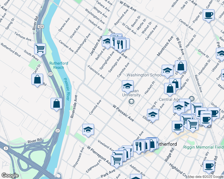 map of restaurants, bars, coffee shops, grocery stores, and more near 219 Hollister Avenue in Rutherford