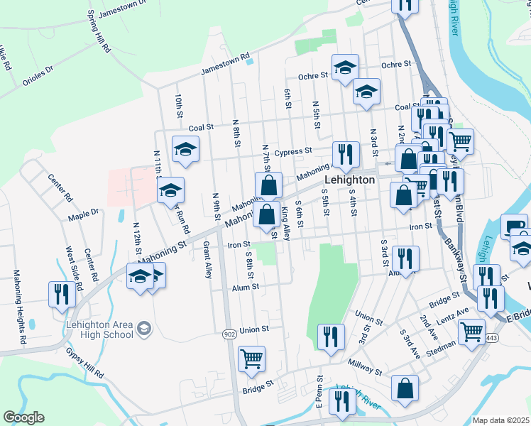 map of restaurants, bars, coffee shops, grocery stores, and more near 136 South 7th Street in Lehighton