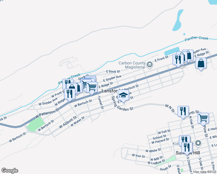 map of restaurants, bars, coffee shops, grocery stores, and more near 15 East Bertsch Street in Lansford