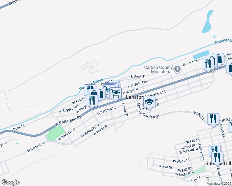 map of restaurants, bars, coffee shops, grocery stores, and more near 28 West Ridge Street in Lansford