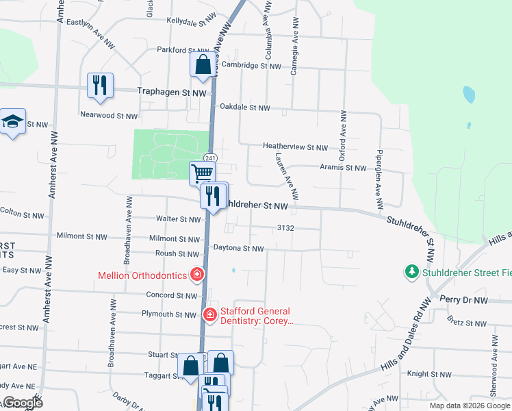 map of restaurants, bars, coffee shops, grocery stores, and more near 3448 Malabu Avenue Northwest in Massillon