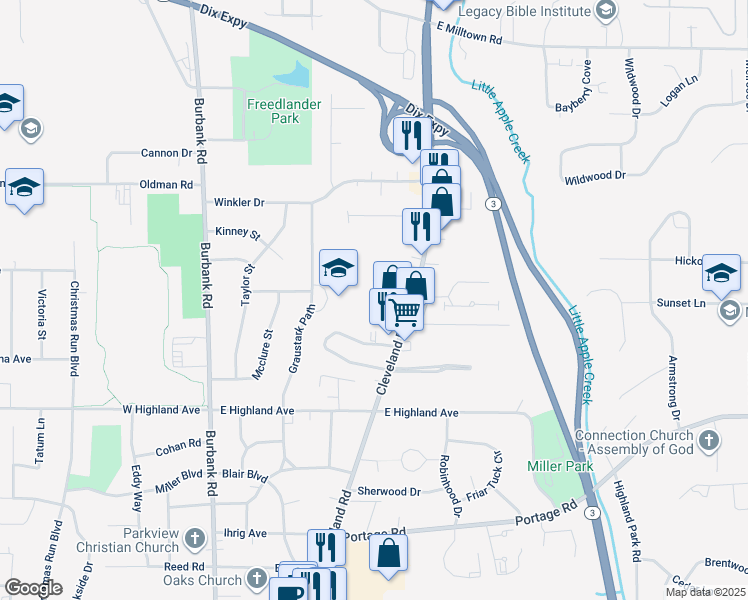 map of restaurants, bars, coffee shops, grocery stores, and more near 2626 Cleveland Road in Wooster