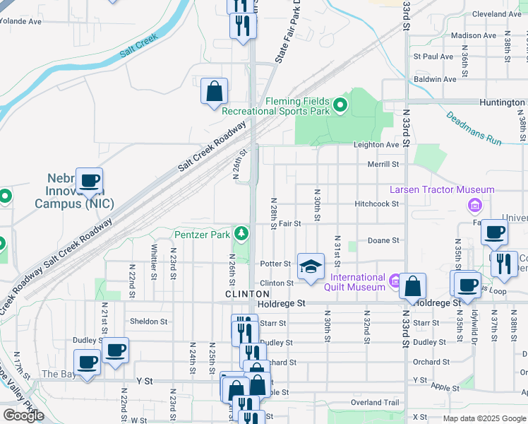 map of restaurants, bars, coffee shops, grocery stores, and more near 1827 North 28th Street in Lincoln