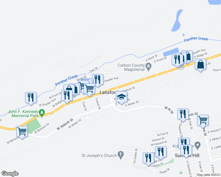 map of restaurants, bars, coffee shops, grocery stores, and more near 107 East Patterson Street in Lansford