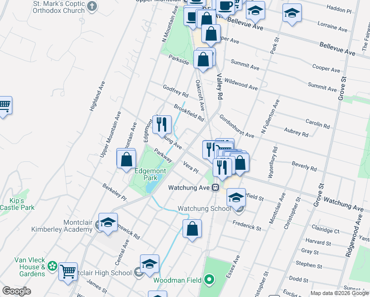 map of restaurants, bars, coffee shops, grocery stores, and more near 4 Vera Place in Montclair
