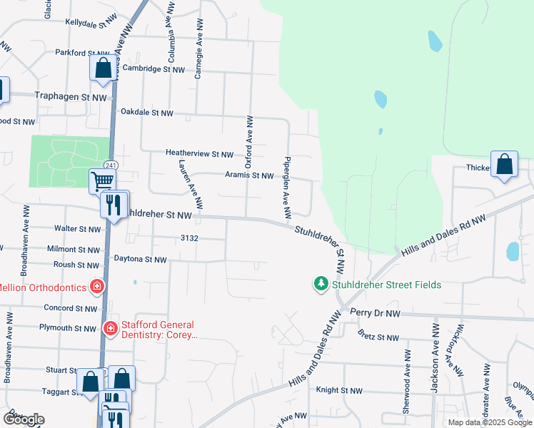 map of restaurants, bars, coffee shops, grocery stores, and more near 7611 Stuhldreher Street Northwest in Massillon