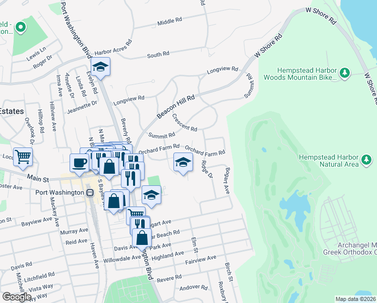 map of restaurants, bars, coffee shops, grocery stores, and more near 27 Monfort Road in Port Washington