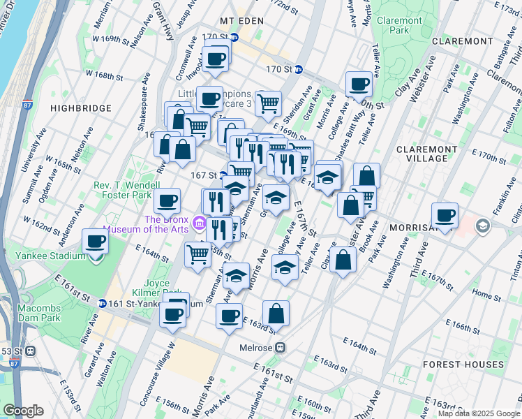 map of restaurants, bars, coffee shops, grocery stores, and more near 1131 Morris Avenue in The Bronx