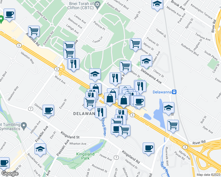 map of restaurants, bars, coffee shops, grocery stores, and more near 26 Allwood Road in Clifton
