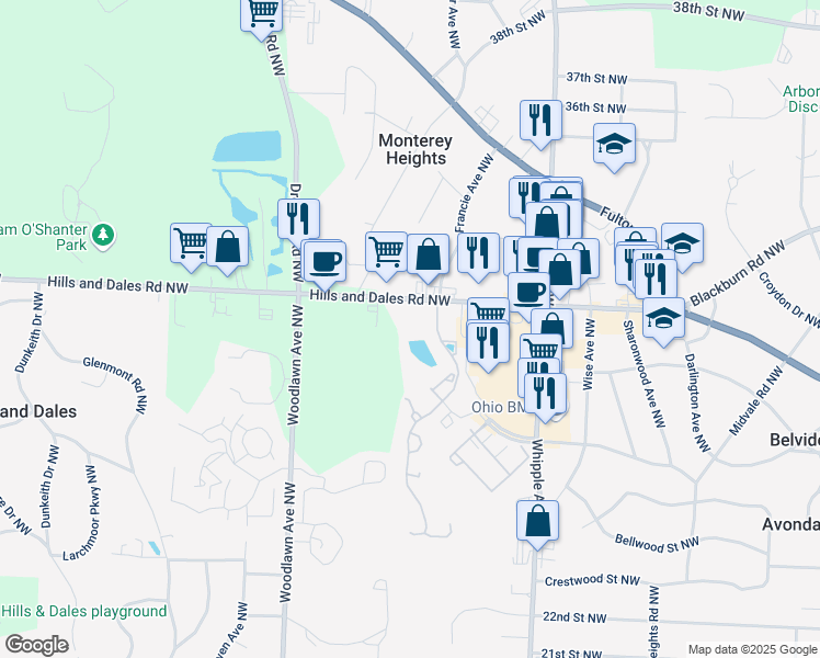 map of restaurants, bars, coffee shops, grocery stores, and more near 4550 Hills and Dales Road Northwest in Canton