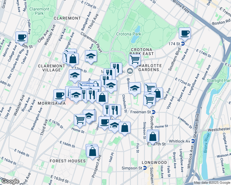 map of restaurants, bars, coffee shops, grocery stores, and more near 1409 Prospect Avenue in The Bronx