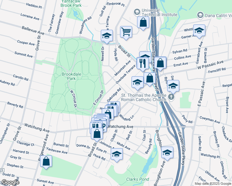 map of restaurants, bars, coffee shops, grocery stores, and more near 38 Oakridge Road in Bloomfield