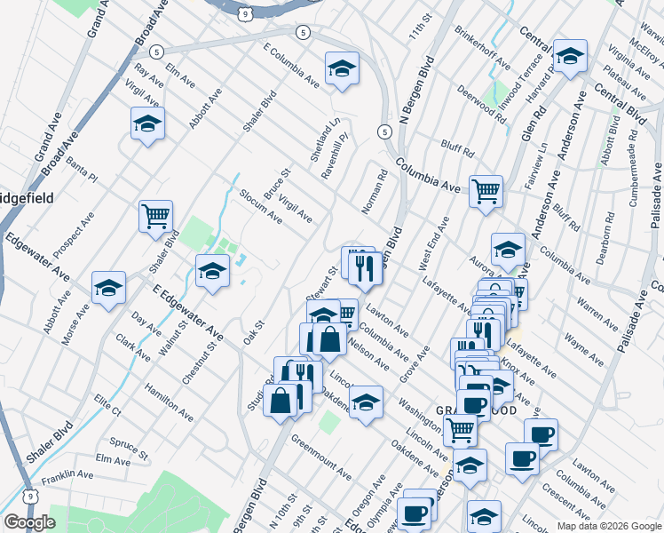 map of restaurants, bars, coffee shops, grocery stores, and more near 538 Hillcrest Avenue in Ridgefield