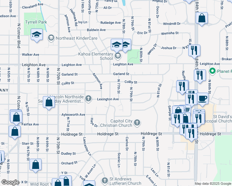 map of restaurants, bars, coffee shops, grocery stores, and more near 1841 Ridgehaven Court in Lincoln