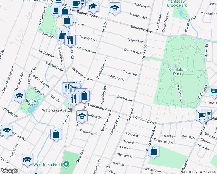 map of restaurants, bars, coffee shops, grocery stores, and more near 114 Gordonhurst Avenue in Montclair