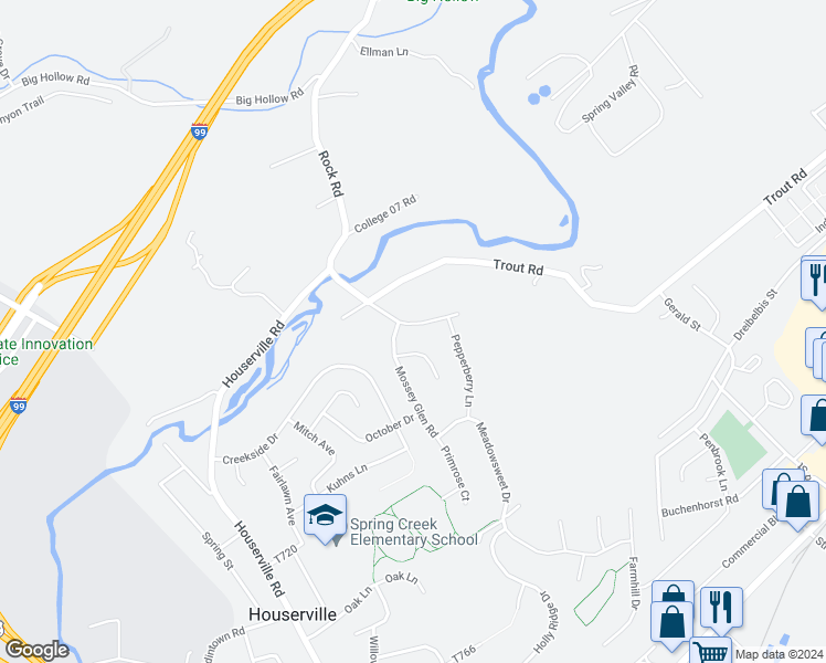 map of restaurants, bars, coffee shops, grocery stores, and more near 120 Fernleaf Court in State College