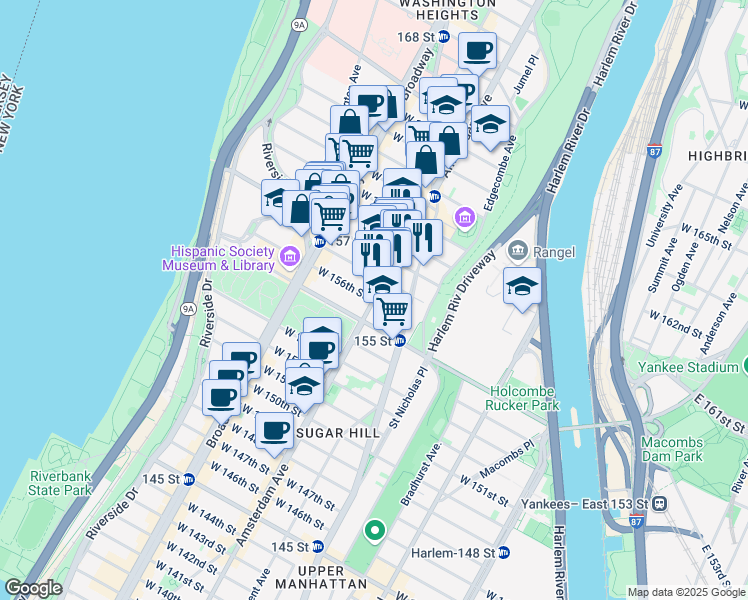 map of restaurants, bars, coffee shops, grocery stores, and more near Amsterdam Ave & W 156th St in New York