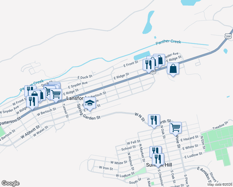 map of restaurants, bars, coffee shops, grocery stores, and more near 328 East Patterson Street in Lansford
