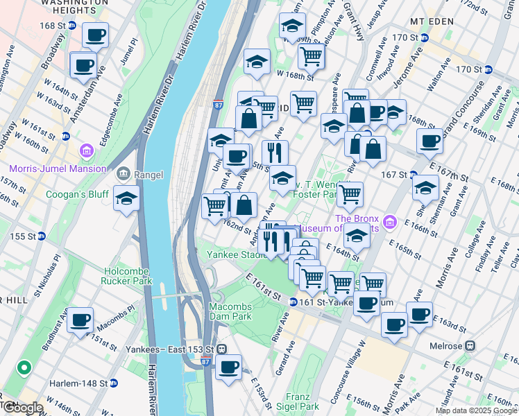 map of restaurants, bars, coffee shops, grocery stores, and more near 1016 Woodycrest Avenue in Bronx