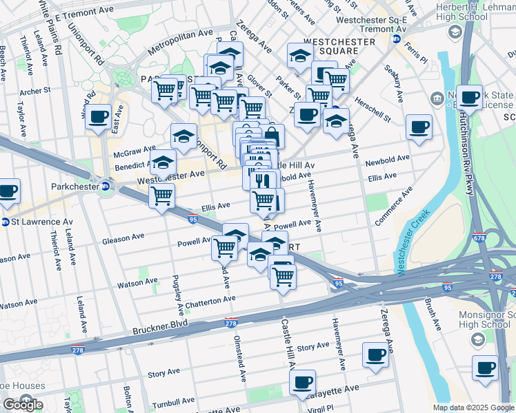 map of restaurants, bars, coffee shops, grocery stores, and more near 1236 Castle Hill Avenue in Bronx