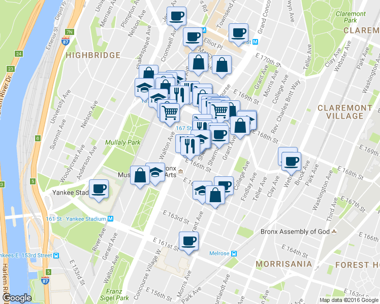 map of restaurants, bars, coffee shops, grocery stores, and more near 1120 Grand Concourse in Bronx
