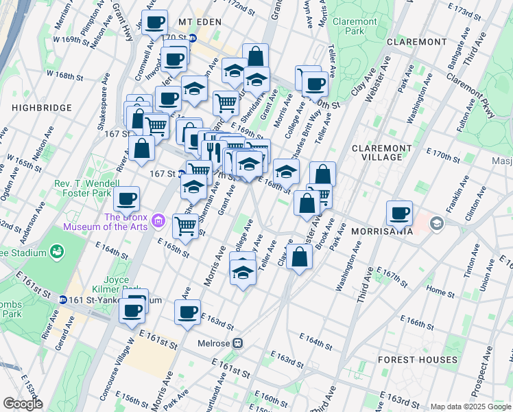 map of restaurants, bars, coffee shops, grocery stores, and more near E 167th St & College Ave in Bronx