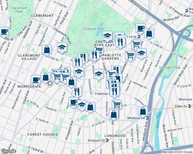 map of restaurants, bars, coffee shops, grocery stores, and more near 1397 Stebbins Avenue in The Bronx