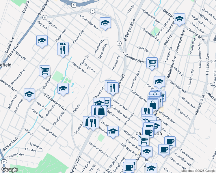 map of restaurants, bars, coffee shops, grocery stores, and more near 741 Stewart Street in Ridgefield