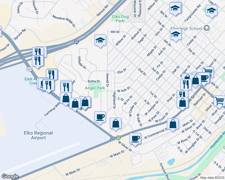map of restaurants, bars, coffee shops, grocery stores, and more near 1197 Highland Drive in Elko